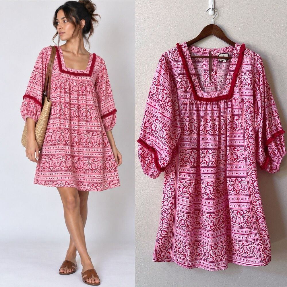 Tuckernuck Sydney Mini Dress XL Red Fringe 3/4 Balloon Sleeves Cotton Pink White